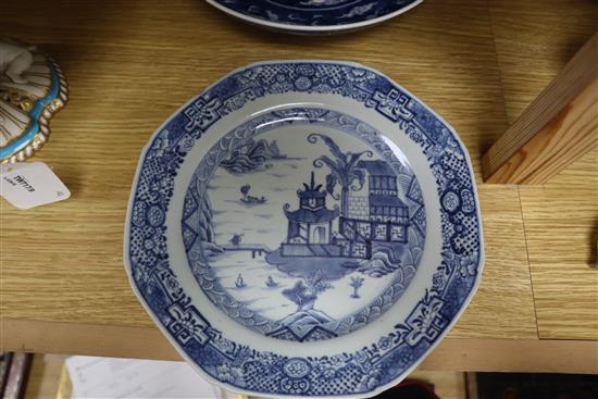 A Chinese blue and white dragon dish and a landscape plate largest 24.5cm